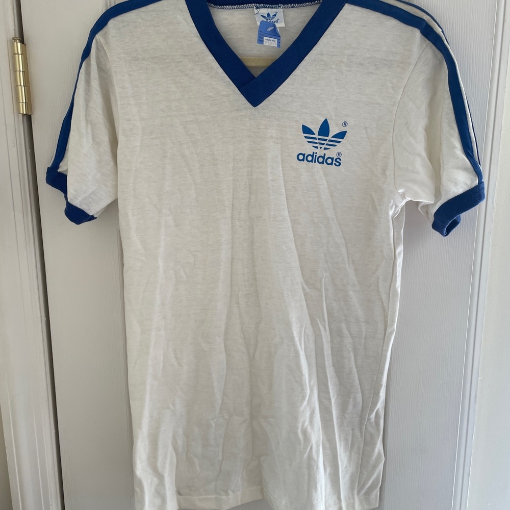Adidas Men's Vintage White Tee with Blue Trim
